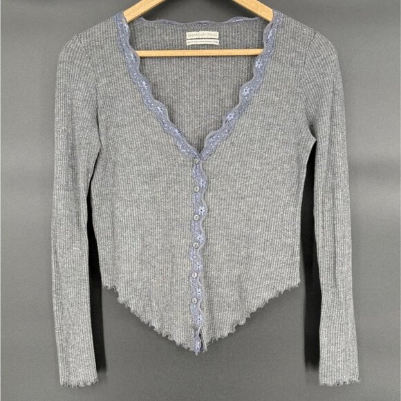Urban Outfitters Tops - Urban Outfitters Women's Ribbed Lace Trim Shirt XS Gray Y2k Asymmetrical Hem